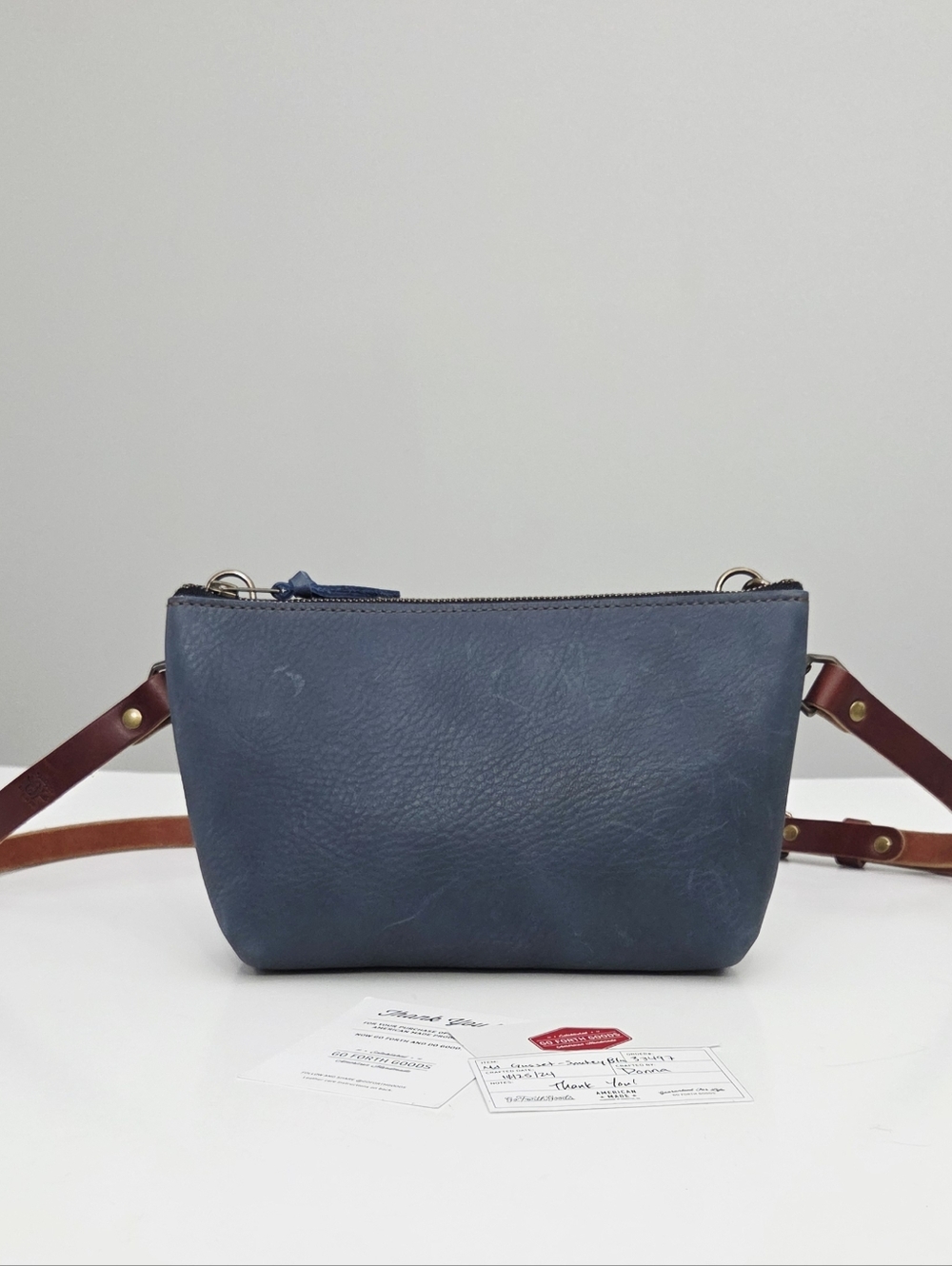 GO FORTH GOODS SMOKEY BLUE LARGE LEATHER ZIPPERED POUCH WITH GUSSET + STRAP